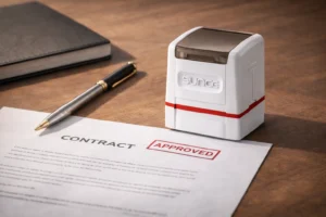 Custom rubber stamp used to approve business contract