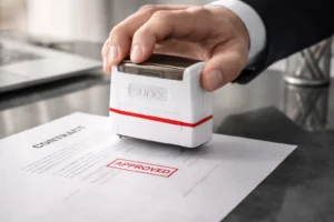 Hand using custom rubber stamp to approve contract