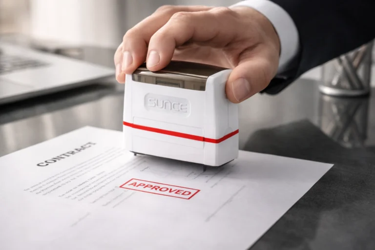 Hand using custom rubber stamp to approve contract