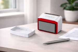 Custom rubber stamp with stamping surface on office desk