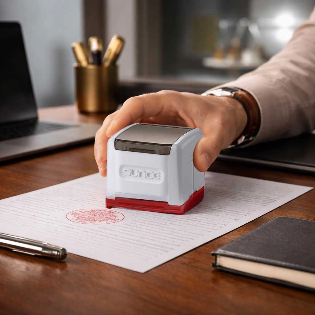 Hand using Sunce custom rubber stamp on office document